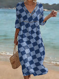Bohemian-style Color-block Plaid Art Print Cotton-linen Dress