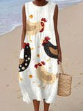 Women's Farm Funny Chick Art Print Sleeveless Cotton Pocket Wrap Dress
