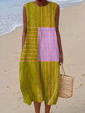 Women's Vintage Abstract Geometric Art Printed Sleeveless Cotton Pocket Wrap Dress