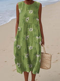 Women's Retro Artistic Flowers Print Sleeveless Cotton Pocket Wrap Dress