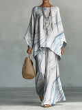 Elegant Curvilinear Decorative Pattern Casual Linen Cotton Top And Wide-leg Pants Two-piece Set