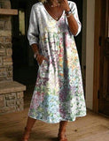 Women's Vintage Floral Art Print Casual Cotton-linen Maxi Dress