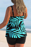 Plus Size Leaf Print Cyan Tankini Set