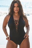 Black Lace Up One Piece Swimsuit
