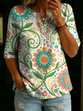 Women's Floral Pattern Art Print Casual Classic Henley Collar 100% Cotton T-shirt
