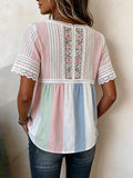 Women's Boho Rose Embroidered V-neck Striped Blouse With Lace Trim