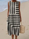 Women's Minimalist Art Lines Print Sleeveless Cotton Pocket Wrap Dress