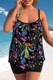 Plus Size Leaf Print Black Tankini Set