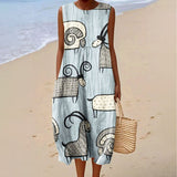 Women's Vintage Sheep Art Print Sleeveless Cotton Pocket Wrap Dress