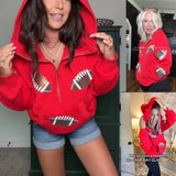 Women's Oversized Game Day Hoodie - Lady's Casual Longsleeves Top, Half-Zip Pullover with Sequins Football Print, Kangaroo Pocket, Women's Clothes Sweatshirt,summerwins,back to school,back to school shopping