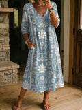Women's Retro Floral Art Print Casual Stylish Cotton Linen Dress