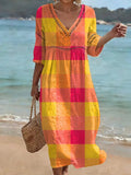 Bohemian-style Color-block Plaid Art Print Cotton-linen Dress