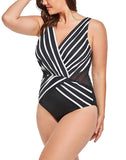 Black White Stripe Surplice One Piece Swimsuit