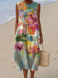 Women's Vintage Floral Art Print Sleeveless Cotton Pocket Wrap Dress