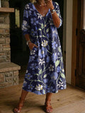 Women's Flower Print Casual Loose-fit Cotton-linen Dress With Lace Trim And Paneling