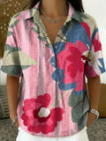 Retro Color-block Botanical Print Cotton-linen Short-sleeve Shirt