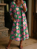 Women's Flower Print Casual Loose-fit Cotton-linen Dress With Lace Trim And Paneling