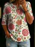 Women’s Vintage Floral Print Casual Half Sleeve Henley Cotton Top
