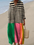 Women's Vintage Geometric Line Art Print Cotton Linen Dress