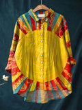 Women's Abstract Art Geometric Lines Print Casual Cotton And Linen Ruffle Shirt
