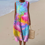 Women's Fashion Color Block Art Print Sleeveless Cotton Pocket Wrap Dress