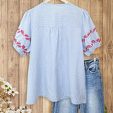 Boho Striped Blue/Khaki Blouse with Delicate Red Floral Embroidery, Puff Sleeves & Chic V - Neck, Feminine Cute Blouse Women's Top Shirts