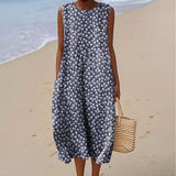 Women's Vintage Flower Art Print Sleeveless Cotton Pocket Wrap Dress