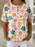 Women's Vintage Flower Pattern Printed Cotton Linen Top