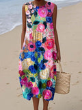 Women's Lovely Floral Art Print Sleeveless Cotton Pocket Wrap Dress