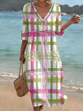 Bohemian-style Color-block Plaid Art Print Cotton-linen Dress