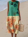 Women's Lovely Floral Pattern Art Print Sleeveless Cotton Pocket Wrap Dress