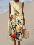 Women's Lovely Birds Floral Art Print Sleeveless Cotton Pocket Wrap Dress