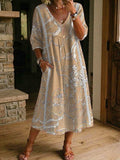 Women's Flower Print Casual Loose-fit Cotton-linen Dress With Lace Trim And Paneling