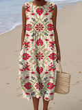 Women's Vintage Floral Art Print Sleeveless Cotton Pocket Wrap Dress