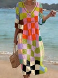 Bohemian-style Color-block Plaid Art Print Cotton-linen Dress
