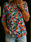 Women’s Vintage Floral Print Casual Half Sleeve Henley Cotton Top