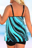 Plus Size Cyan Double Straps Polka Dot Tankini Set