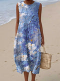 Women's Vintage Floral Pattern Art Print Sleeveless Cotton Pocket Wrap Dress