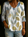 Gradient-colored Botanical Leaf Decorative Pattern Women's Long Sleeve Cotton Linen Shirt