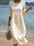 Women's Casual Round Neck Mid Sleeve Print Cotton and Linen Dress