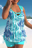 Tropical Print Cyan Lace Stitching Tankini Set