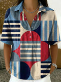 Women's Retro Color-block Geometric Loose-fit Cotton-linen Short-sleeve Shirt