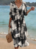 Bohemian-style Cotton-linen Dress With Irregular Plaid Art Print