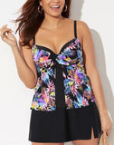 Multi Leaves Faux Flyaway Underwire Tankini With Side Slit Swim Skirt