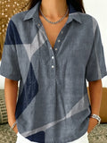 Geometric Color-block Decorative Pattern Women's Casual Short Sleeve Shirt