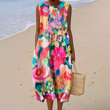 Women's Vintage Flower Art Print Sleeveless Cotton Pocket Wrap Dress