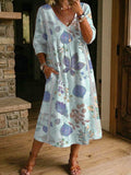Women's Flower Print Casual Loose-fit Cotton-linen Dress With Lace Trim And Paneling