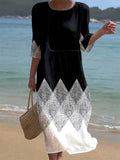 Women's Casual Round Neck Mid Sleeve Print Cotton and Linen Dress