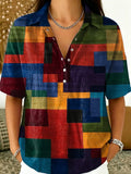 Colorful Geometric Square Decorative Pattern Women's Casual Short Sleeve Shirt