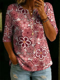 Women's Floral Pattern Art Print Casual Classic Henley Collar 100% Cotton T-shirt